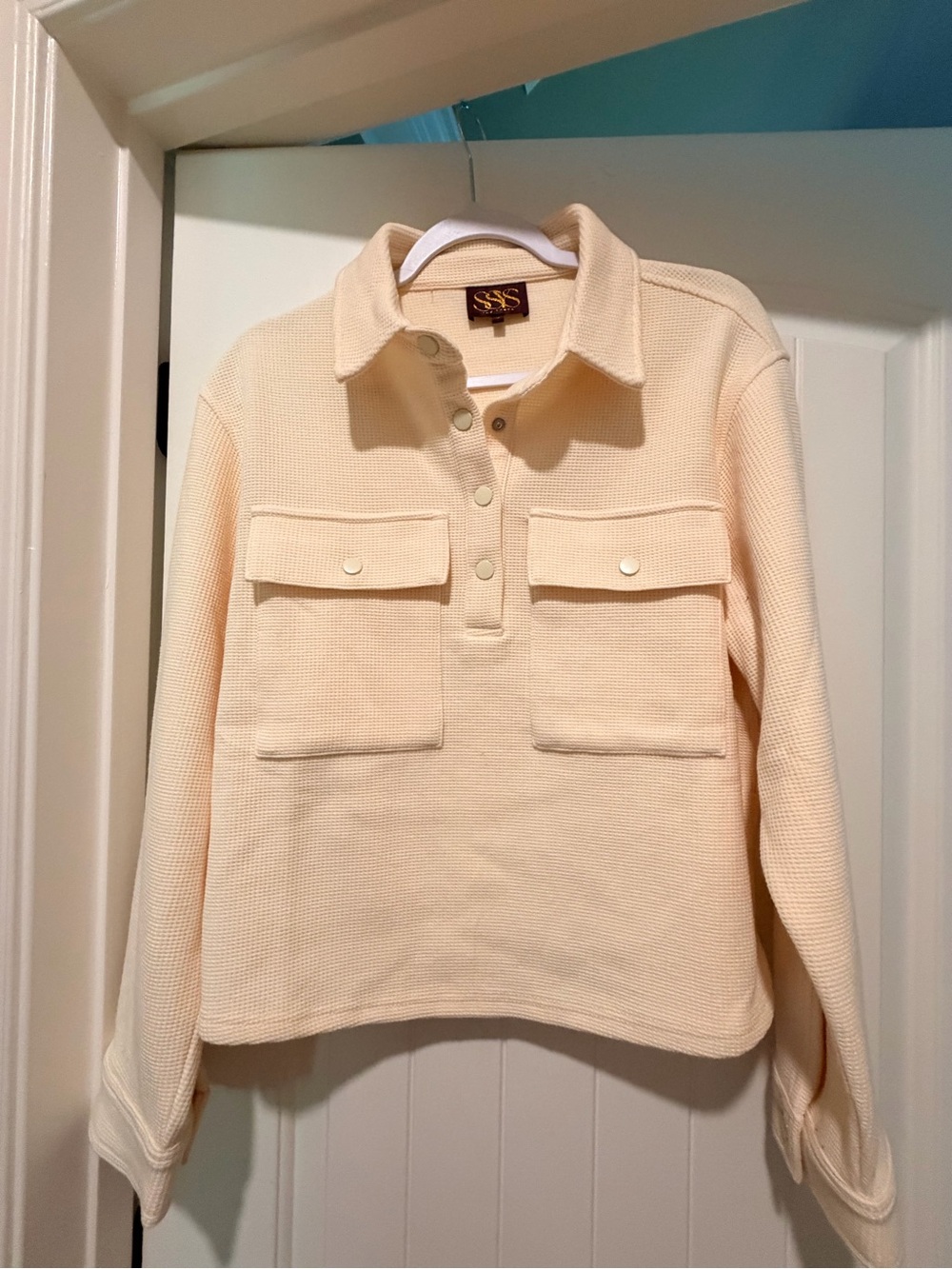 Cream Collared Waffle-Knit Pocket Pullover
